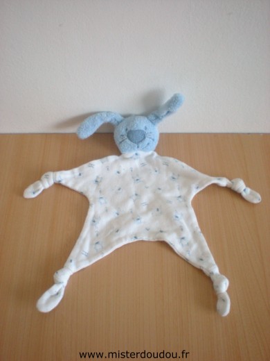 Doudou Lapin Carrefour france Blanc motifs lapins bleus 