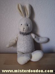 Doudou Lapin Catimini Blanc gris A un petit foulard vichy blanc noir autour du cou
billes pour les yeux