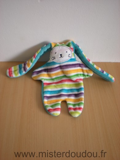 Doudou Lapin Catimini Bleu et rayures multicolores reversible 