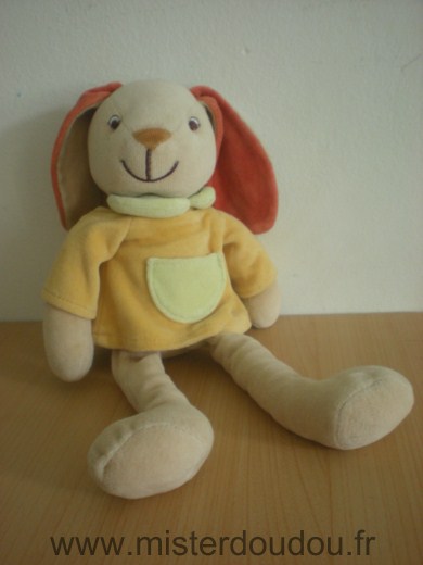 Doudou Lapin Charly et compagnie Beige pull jaune col vert 