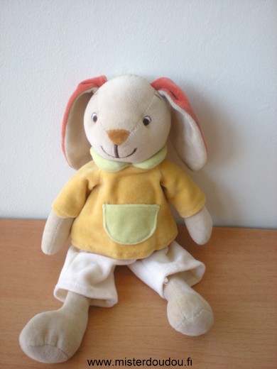 Doudou Lapin Charly et compagnie Beige tshirt jaune poche verte 