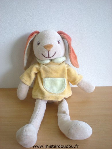 Doudou Lapin Charly et compagnie Beige tshirt jaune vert 