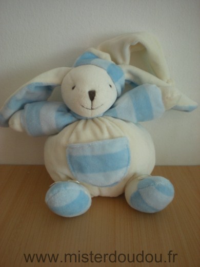 Doudou Lapin Cmp Bleu blanc bonnet blanc 