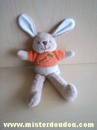 Doudou Lapin Comptine Beige pull orange avec une carotte brodée 