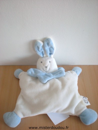 Doudou Lapin Corine de farme Blanc bleu Semi plat