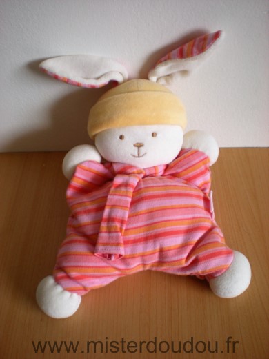 Doudou Lapin Corolle Rose orange raye bonnet jaune 