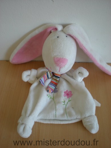 Doudou Lapin Cp international Blanc rose fleurs echarpe rayee 