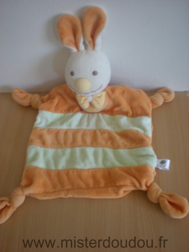 Doudou Lapin Cp international Raye orange vert noeud jaune 