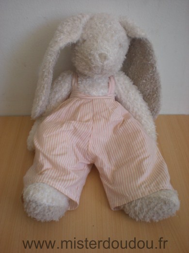 Doudou Lapin Cyrillus Ecru salopette rayée rose blanc 