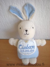 Doudou Lapin Dmc Beige bleu bavoir brodé 