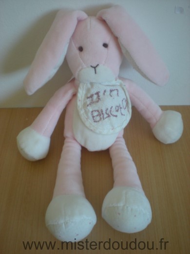 Doudou Lapin Dmc Rose blanc Le bavoir a déjà été brodé