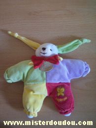 Doudou Lapin Doudou et compagnie Arlequin Lapinou vert mauve jaune rouge