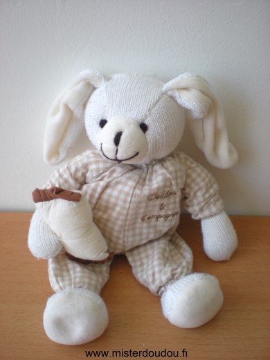 Doudou Lapin Doudou et compagnie Beige blanc avec coussin tissus en tricot 