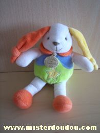 Doudou Lapin Doudou et compagnie Blanc bleu vert jaune orange Tres bon état général sauf la boite musicale dans le ventre qui ne fonctionne pas.