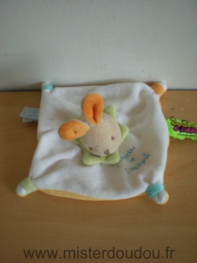 Doudou Lapin Doudou et compagnie Blanc dessous jaune col vert 