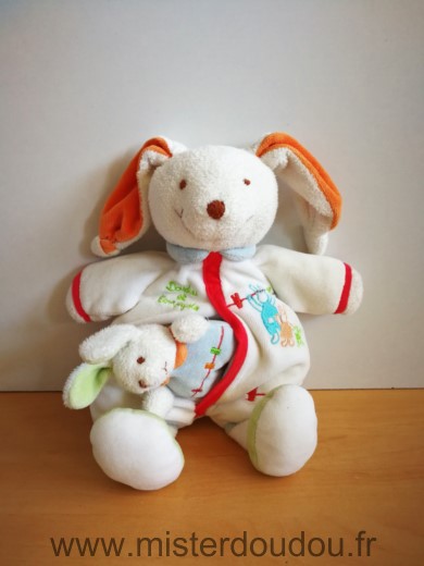 Doudou Lapin Doudou et compagnie Blanc eliot avec bebe bleu 