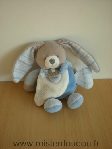 Doudou Lapin Doudou et compagnie Bleu beige blanc oreilles rayees 