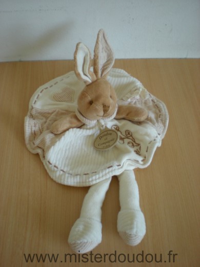 Doudou Lapin Doudou et compagnie Ecru beige coton bio motif coeur feuilles Bout d une oreille légèrement usé