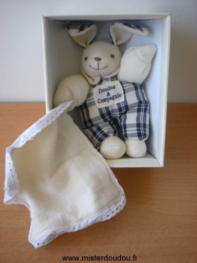 Doudou Lapin Doudou et compagnie Ecru bleu marine mouchoir ecru 