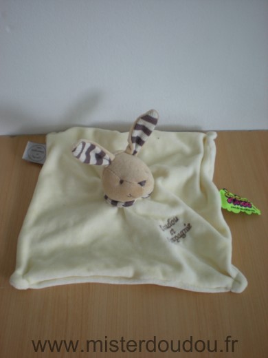 Doudou Lapin Doudou et compagnie Ecru creme col et oreilles rayes marron beige 5 noeuds