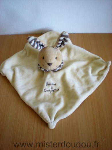 Doudou Lapin Doudou et compagnie Ecru creme col oreilles rayes marron blanc 