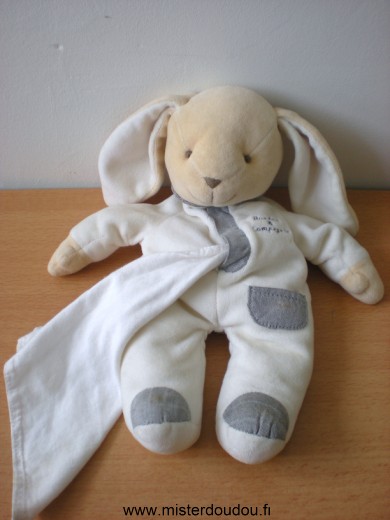 Doudou Lapin Doudou et compagnie Ecru gris mouchoir blanc 