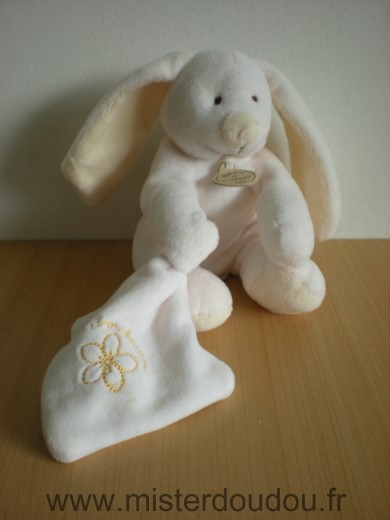 Doudou Lapin Doudou et compagnie Ecru jaune mouchoir blanc reflets roses 