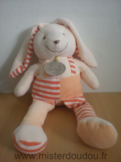 Doudou Lapin Doudou et compagnie En tricot ecru saumon orange blanc 