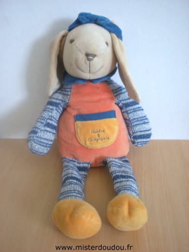 Doudou Lapin Doudou et compagnie Orange bleu pattes en tricot Grand modele