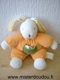 Doudou Lapin Doudou et compagnie Orange poche verte avec mouchoir blanc 