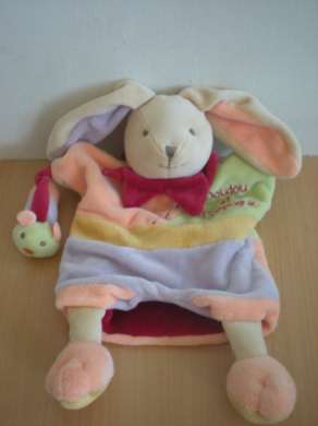 Doudou Lapin Doudou et compagnie Orange vert mauve jaune 