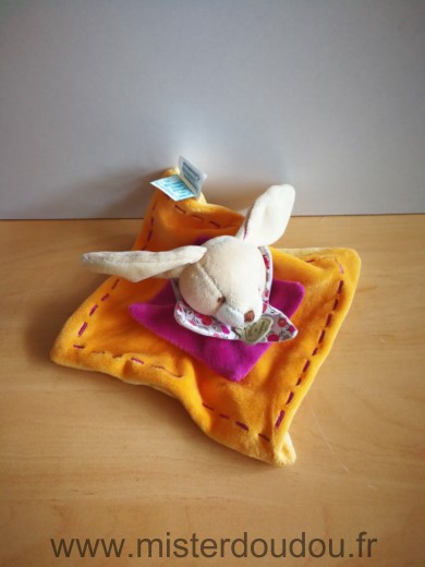 Doudou Lapin Doudou et compagnie Orange violet jaune dessous martin 