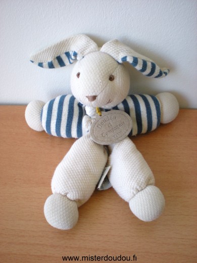 Doudou Lapin Doudou et compagnie Tissus beige bleu rayé blanc 
