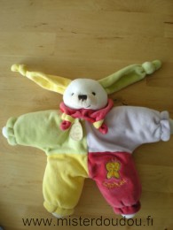Doudou Lapin Doudou et compagnie Vert jaune violet rouge Lapinou semi plat