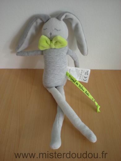 Doudou Lapin Du pareil au même Gris rauyres noeurd vert Pouet dans le ventre