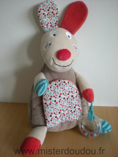 Doudou Lapin Ebulobo Marron rouge bleu poche dans le ventre devant 