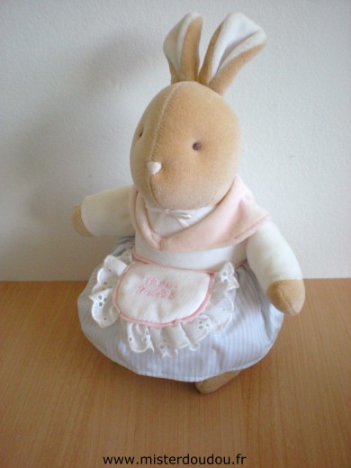 Doudou Lapin Eden Mrs rabbit jupe tayée bleu blanc avec tablier Étiquette de la marque coupée