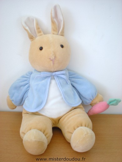 Doudou Lapin Eden Pierre lapin peter rabbit, blanc beige veste bleu carotte Grand modèle