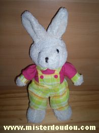 Doudou Lapin Fizzy Ecru Chemise rose salopette à carreaux verts