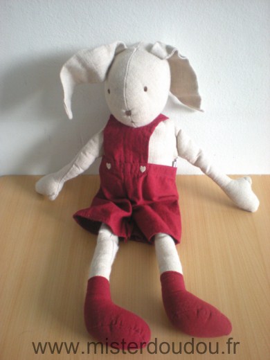 Doudou Lapin Fly Beige salopette rouge 