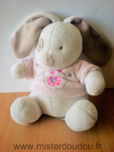 Doudou Lapin Gifi Blanc beige rose cocard fleur 