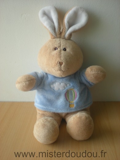 Doudou Lapin Gipsy Beige tshirt bleu avec un nuage et montgolfiere brodée 