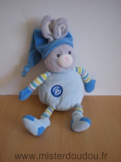 Doudou Lapin Gipsy Bleu bras rayes Attention la boite musicale ne fonctionne plus