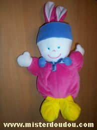 Doudou Lapin Gipsy Rose jaune bleu Ruban pompons bleus