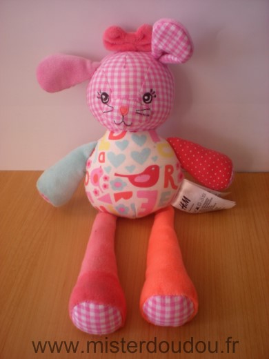 Doudou Lapin H et m Rose orange vichy rose 