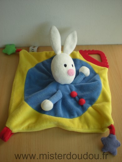 Doudou Lapin Hopla Bleu jaune anneau dentaire rouge 