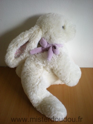 Doudou Lapin Jacadi Blanc echarpe mauve tissus fleurs dans les oreilles 