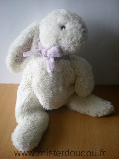 Doudou Lapin Jacadi Blanc echarpe mauve tissus fleurs dans les oreilles 