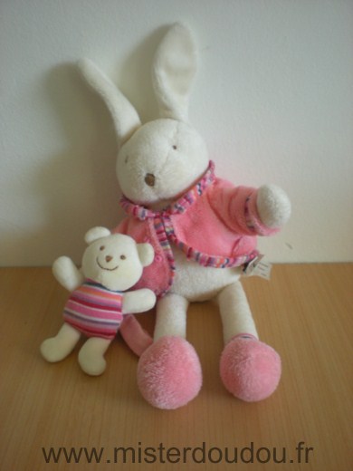 Doudou Lapin Jellykitten Ecru veste rose tenant un bébé ours Tres bon état général sauf la boite à musique qui ne fonctionne pas