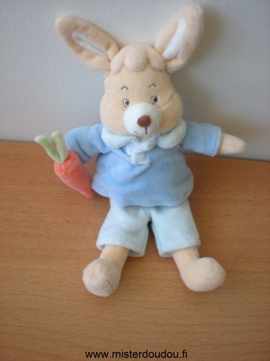 Doudou Lapin Jollybaby Pull et short bleus tenant une carotte Pas d'étiquette de marque. marque possible : jollybaby
